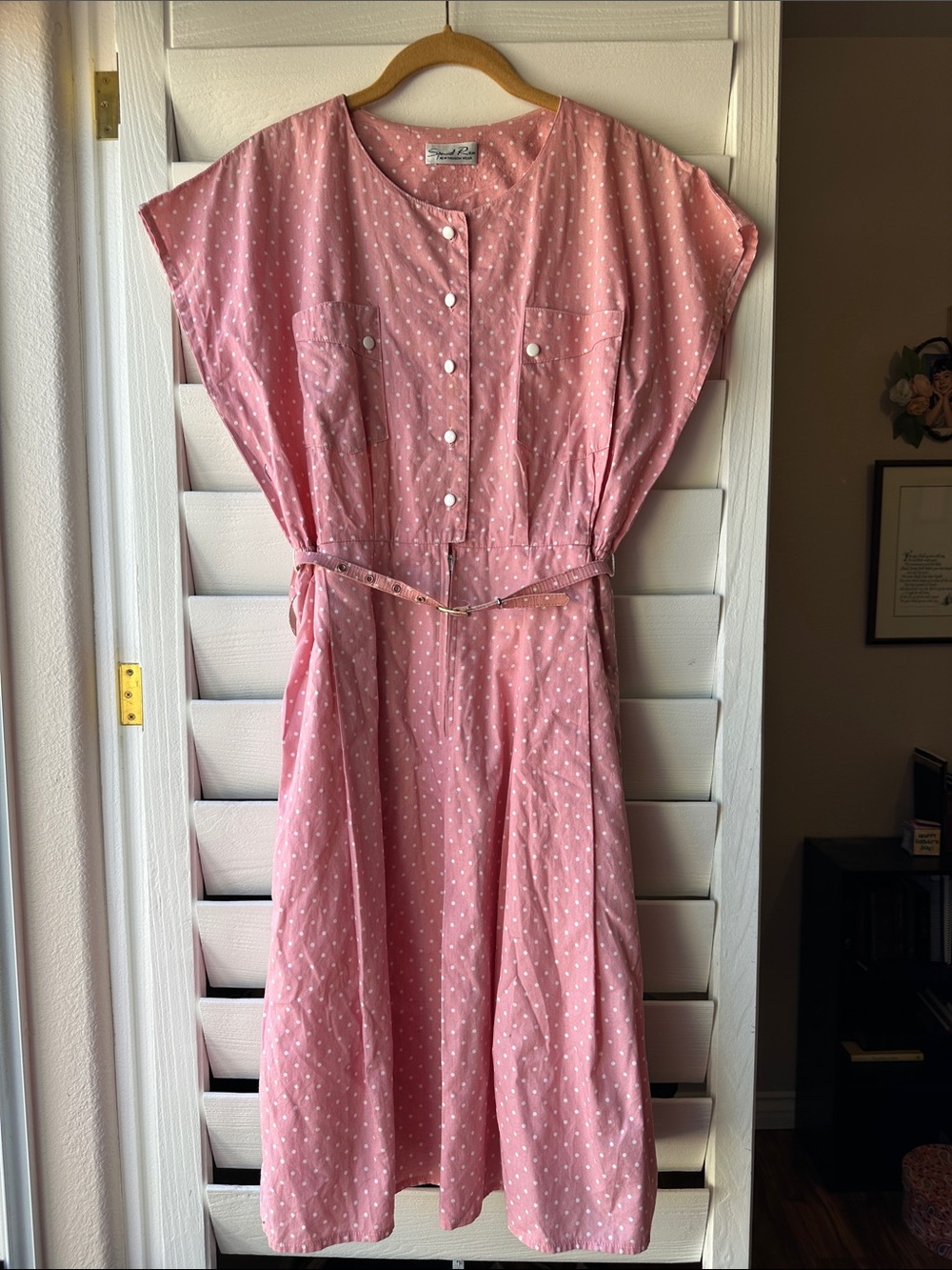 Vintage Pink Polka Dot Button Down Belt 70s 80s Day Dress Plus Size Large